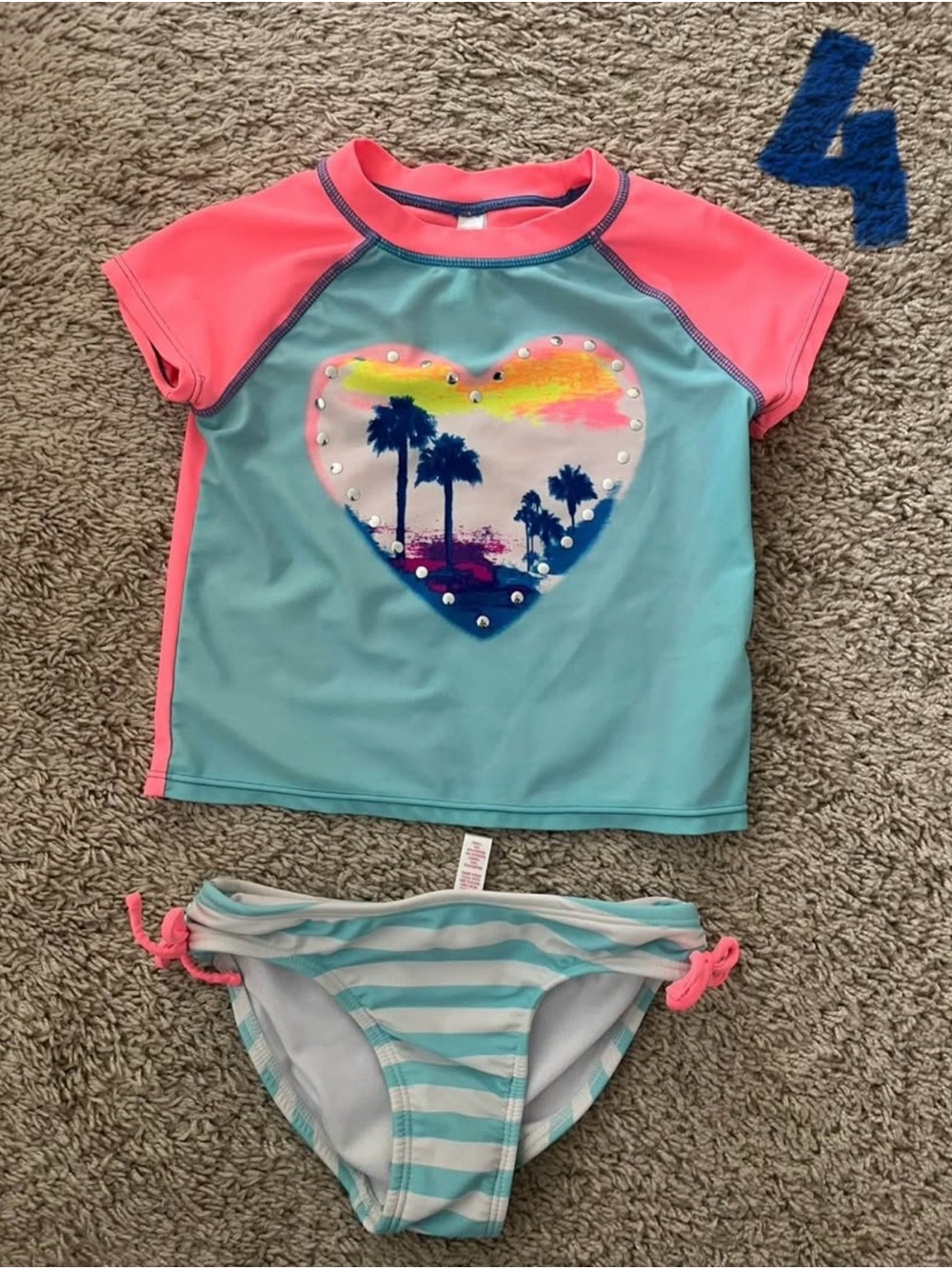Girls' Turquoise & Pink Heart Rash Guard Bikini Set